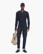 Rib Long Sleeve Destroyed Henley - Dark Navy